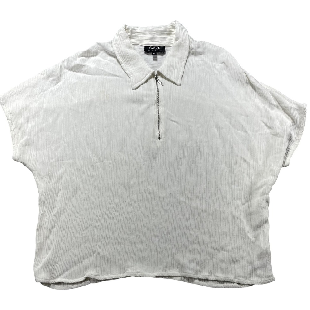 A.P.C. Blouse Womens 42 White Crinkle Viscose Collared 1/2 Zip Dolman Top